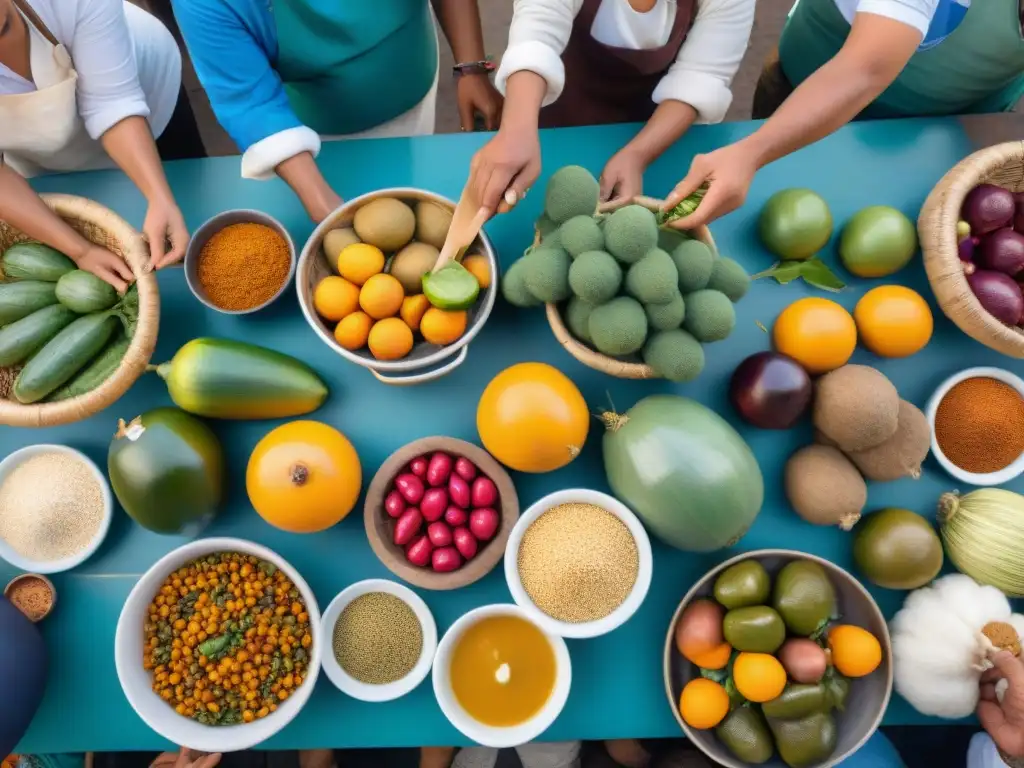 Vibrante mercado peruano con diversidad de alimentos y personas disfrutando de una comida, reflejando la gastronomía peruana diversa e inclusiva