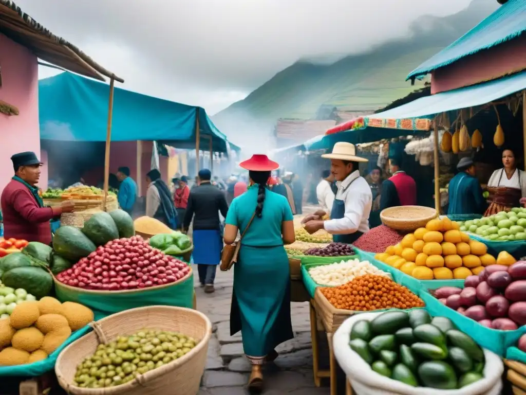 Vibrante mercado peruano con diversidad gastronómica autóctona