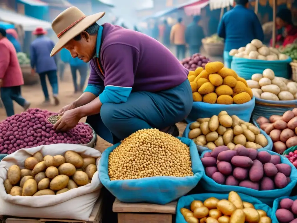 Vibrante mercado peruano destacando la diversidad de papas nativas