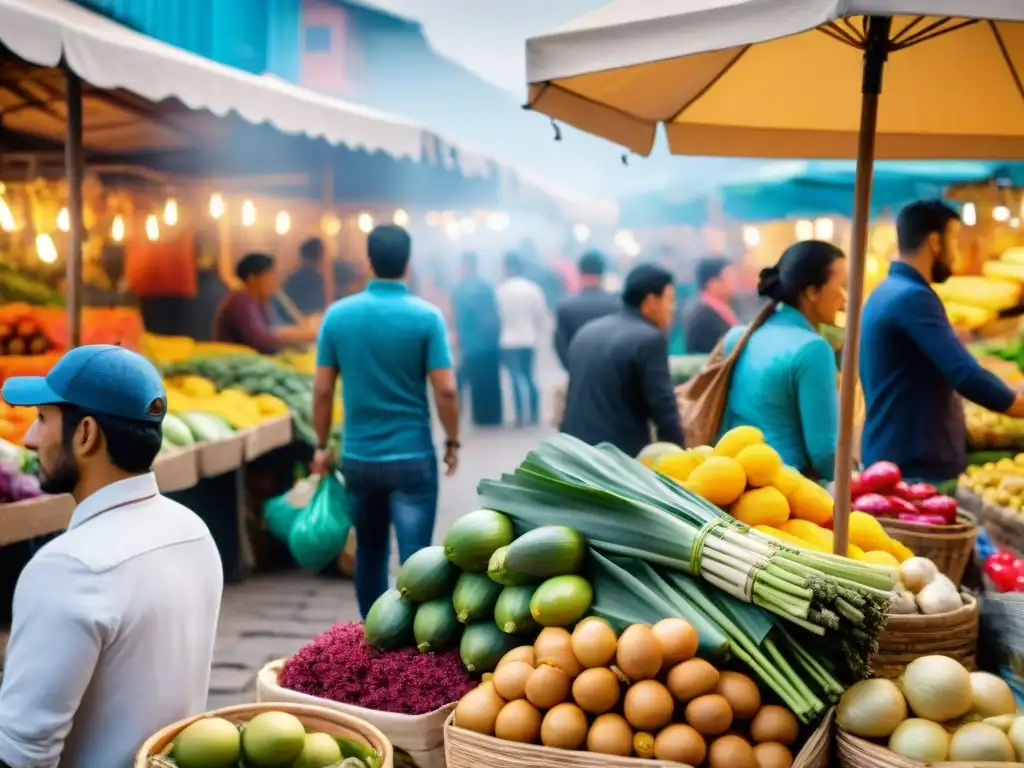 Vibrante mercado peruano con emprendedores gastronómicos