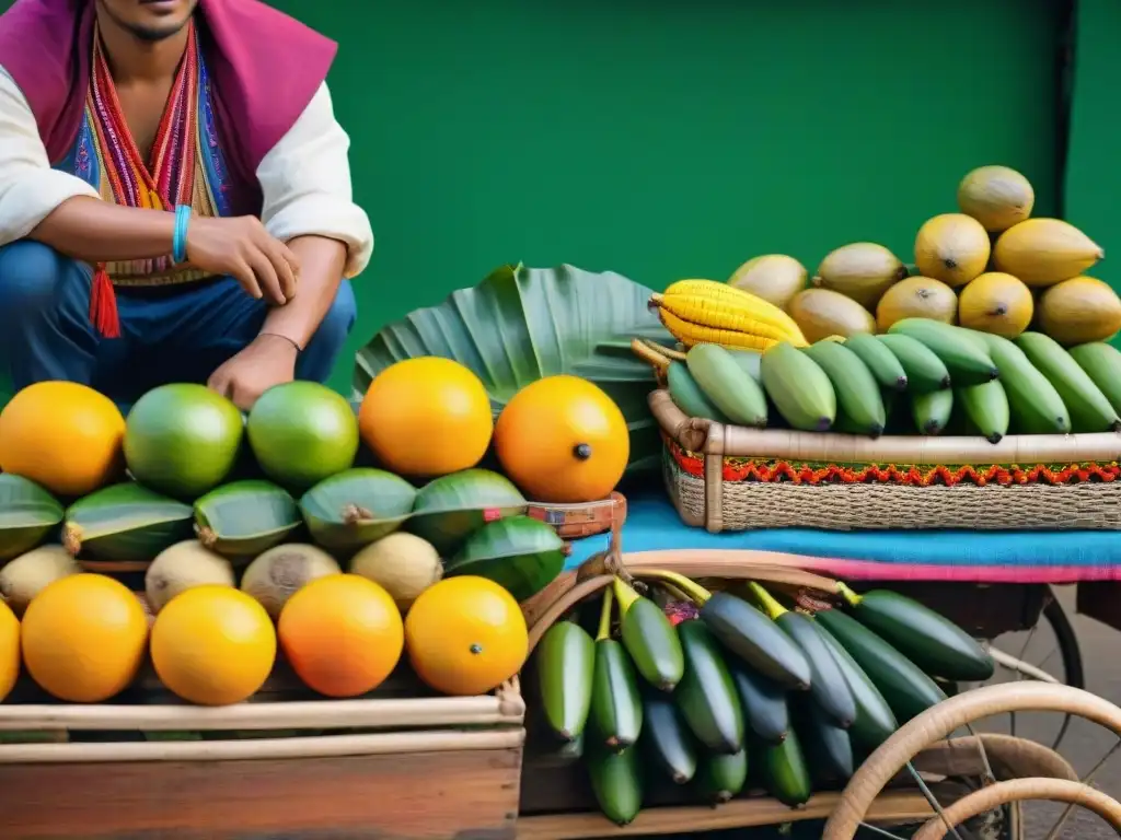 Un vibrante mercado peruano con la exótica fruta Tumbo destacando en un carrito de madera rodeado de coloridas frutas tropicales