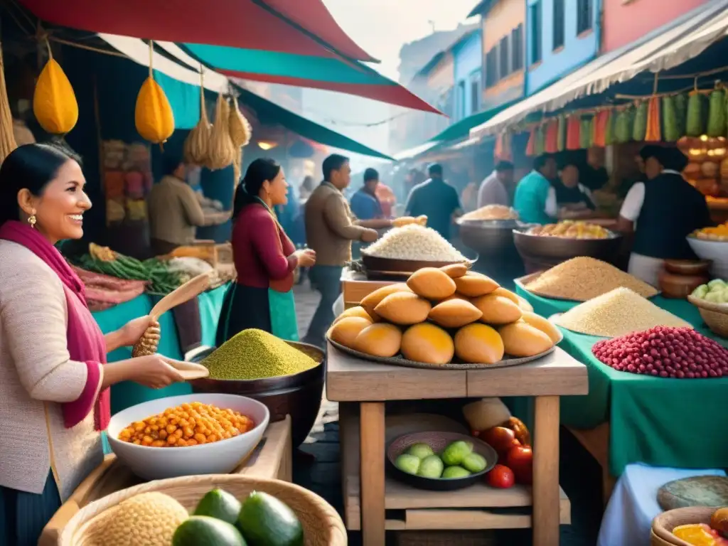 Mercado peruano: festival de colores y sabores auténticos Un vibrante mercado peruano durante un festival, con colores, sabores y música