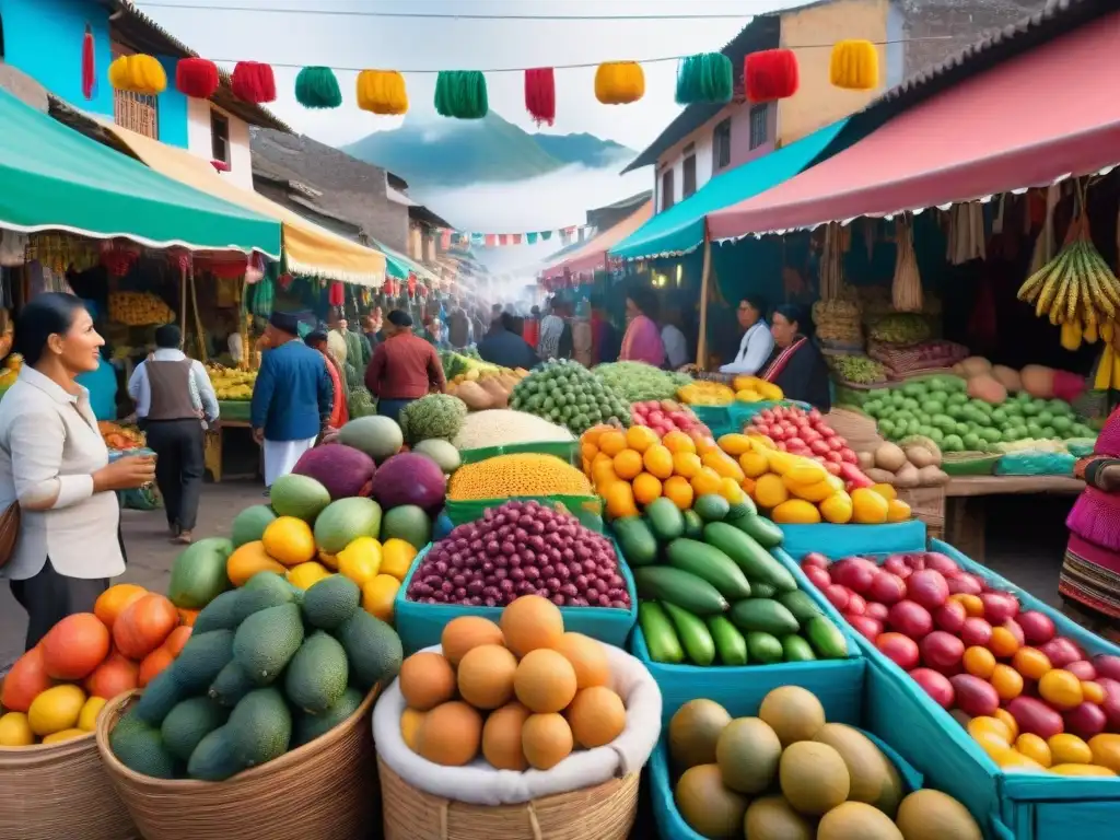 Vibrante mercado peruano durante festividad con comida en festividades peruanas