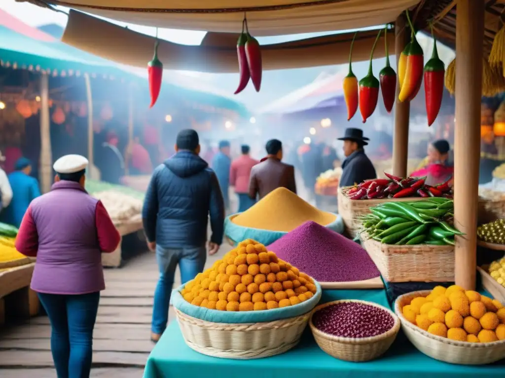 Un vibrante mercado peruano durante festividades, con ingredientes auténticos y vendedores locales en trajes tradicionales