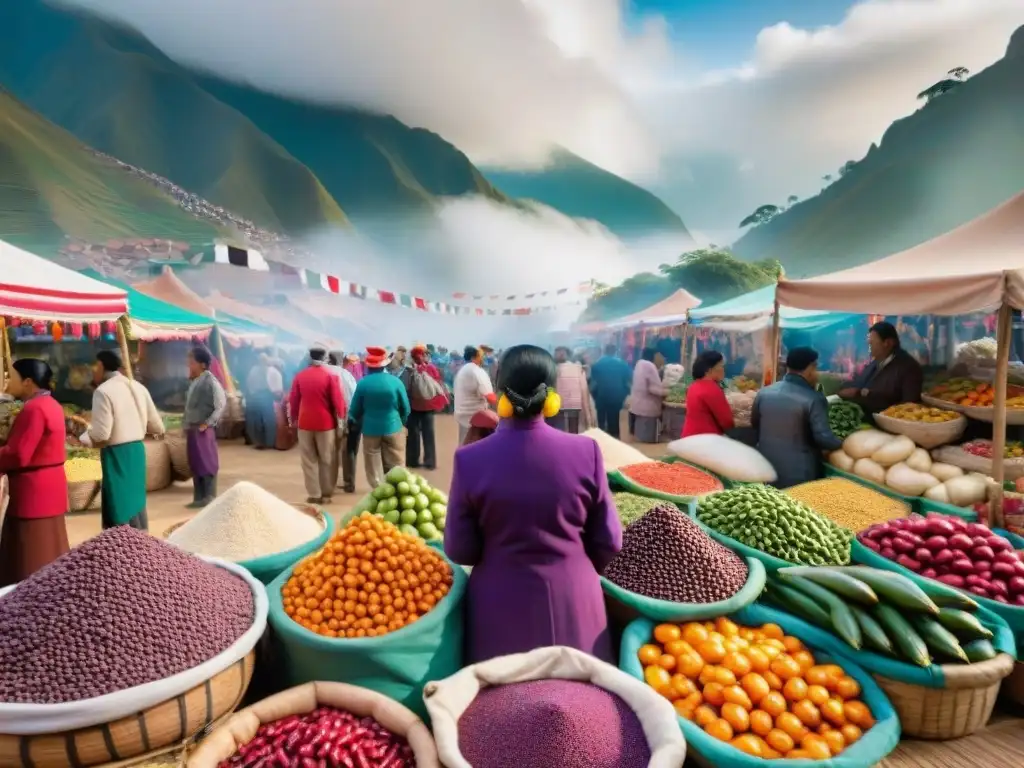 Vibrante mercado peruano durante festividades, con ingredientes tradicionales y bandera peruana ondeando