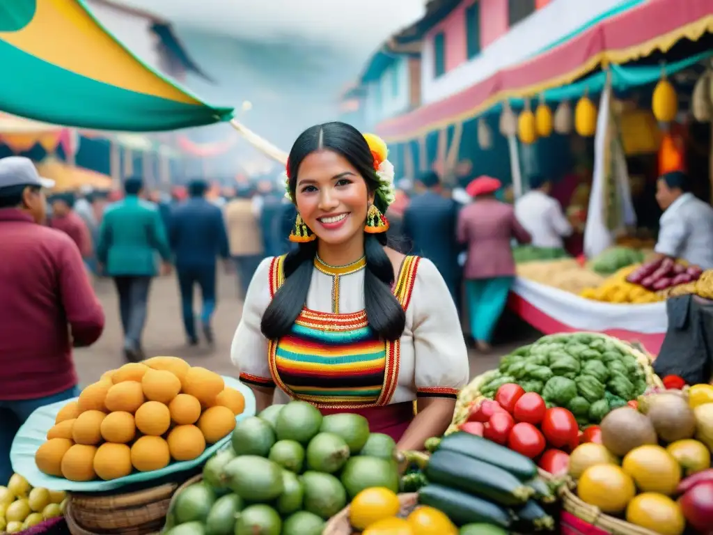 Vibrante mercado peruano en festividades, con coloridas frutas y vendedores, reflejando la alegría de la Comida en festividades peruanas