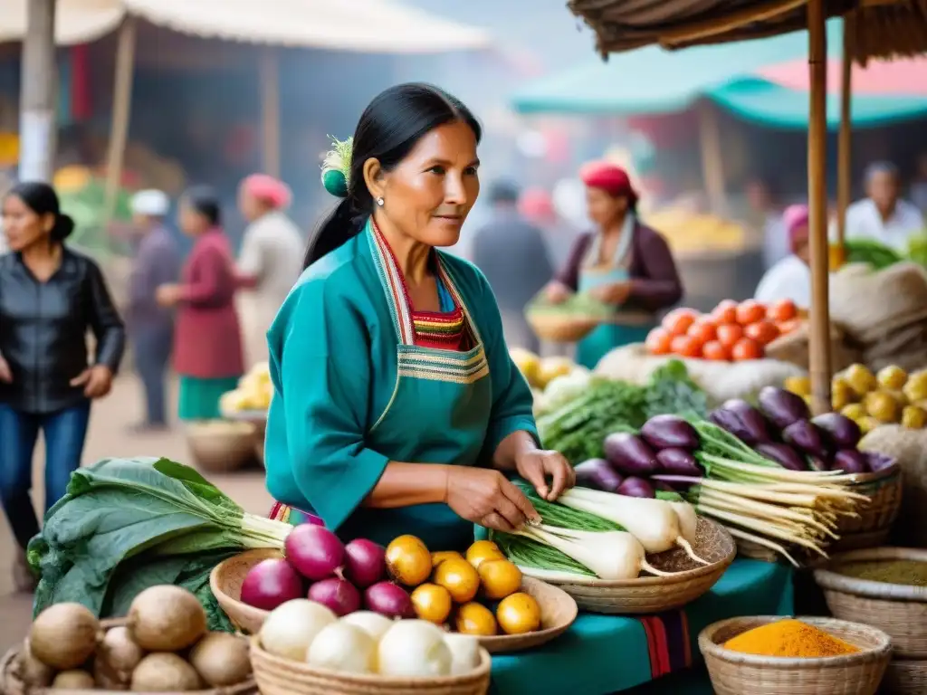 Vibrante mercado peruano con yacón fresco y coloridos textiles