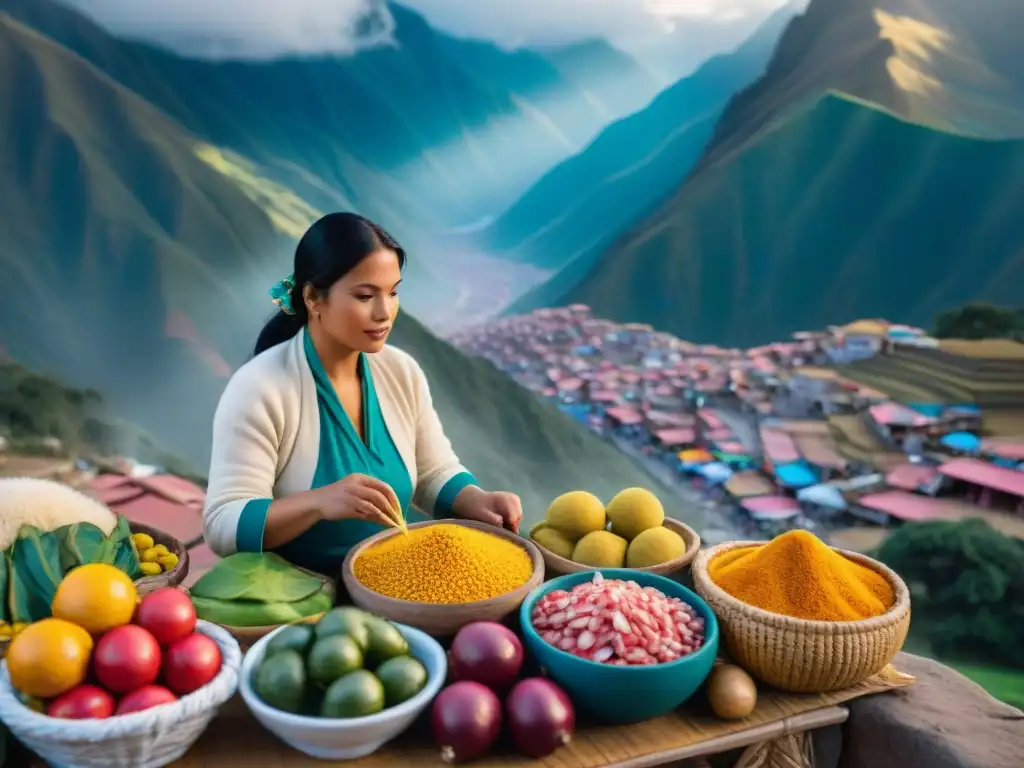 Vibrante mercado peruano con frutas exóticas, textiles tradicionales y vendedores locales preparando ceviche