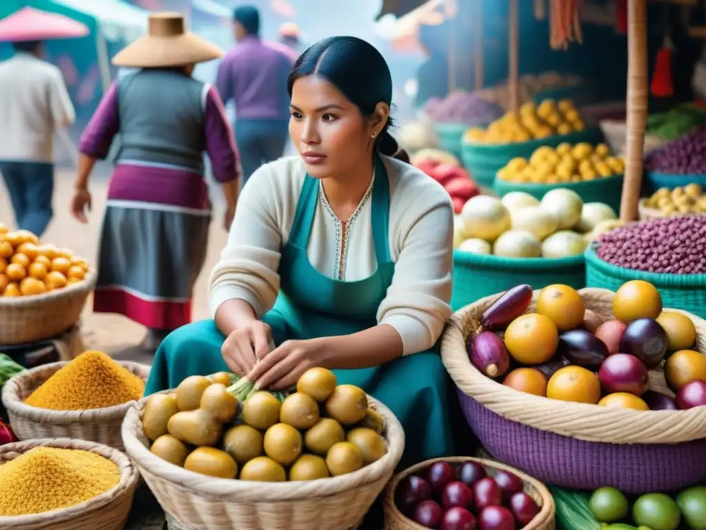 Vibrante mercado peruano con frutas y verduras únicas, destacando la Dieta peruana efecto antiinflamatorio