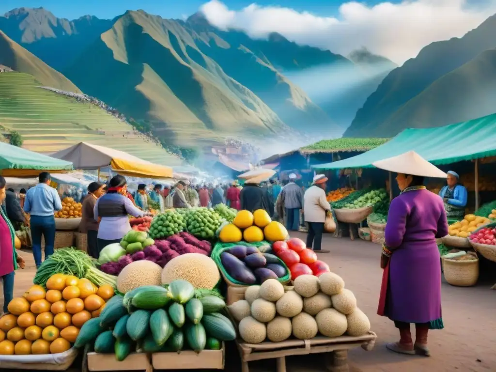 Vibrante mercado peruano con frutas y verduras únicas