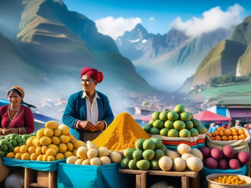 Un vibrante mercado peruano con frutas de lucuma fresca y los Andes al fondo