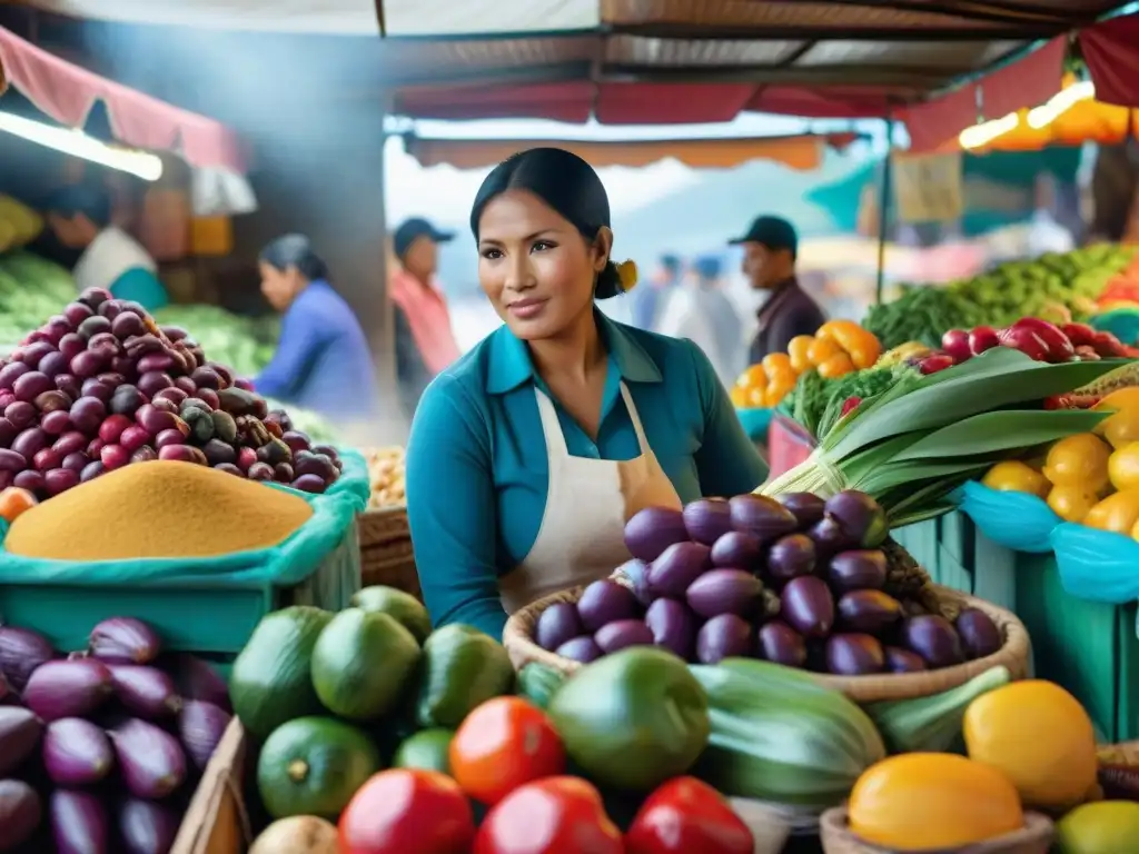 Vibrante mercado peruano con frutas frescas y vendedores locales en atuendos tradicionales