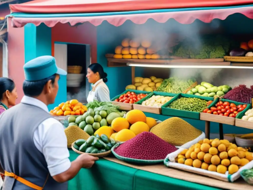 Vibrante mercado peruano: frutas, verduras, hierbas y especias coloridas