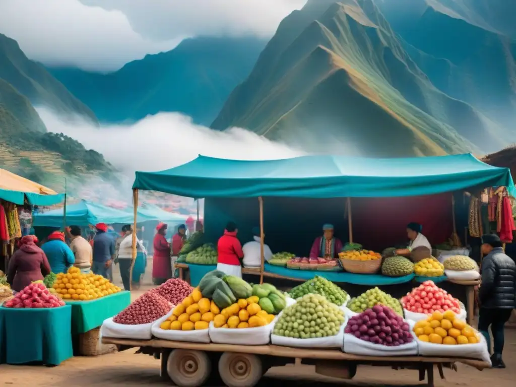 Vibrante mercado peruano con frutas, textiles y platos típicos