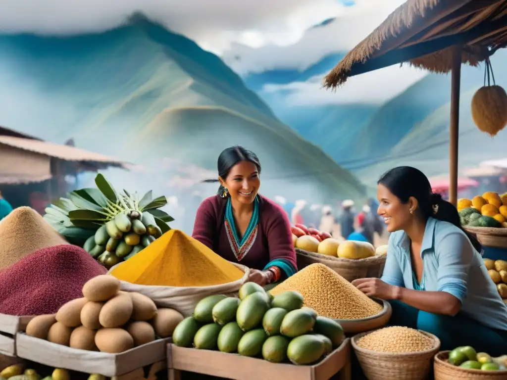 Un vibrante mercado peruano con frutas exóticas y granos andinos, en medio de la rica cultura culinaria