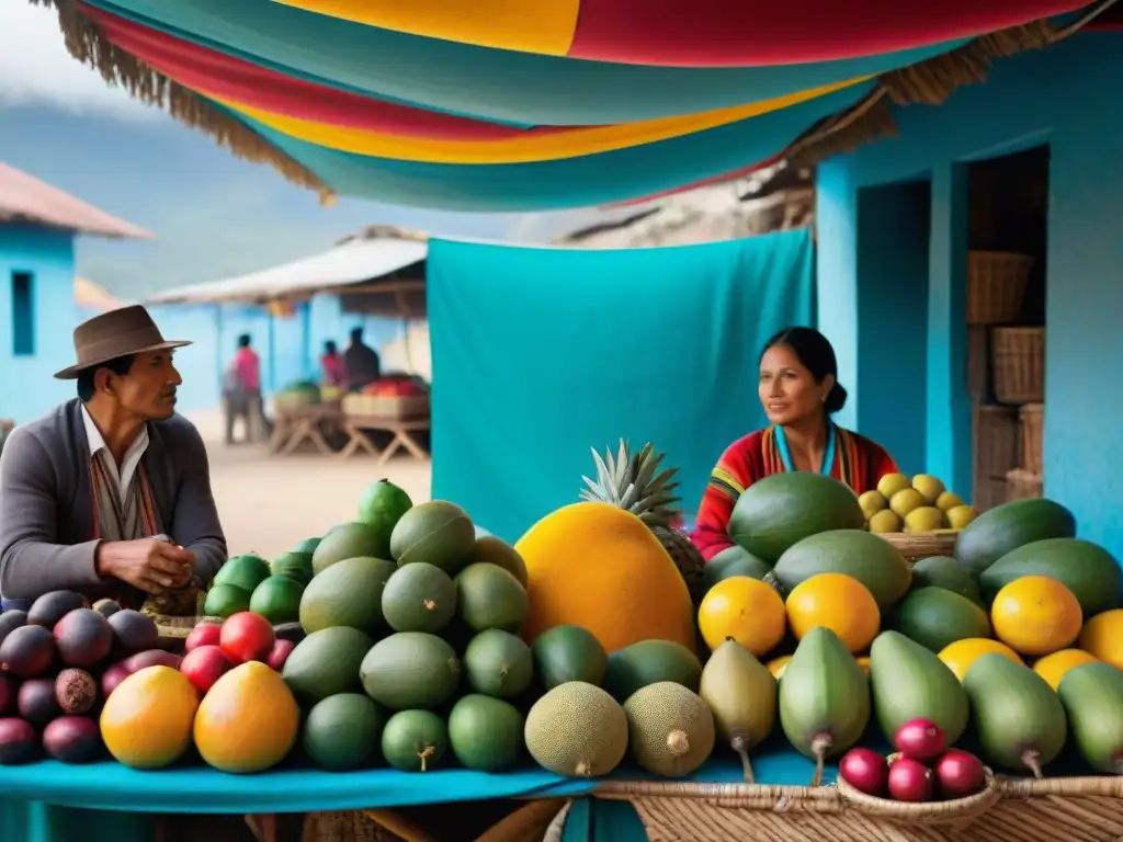 Vibrante mercado peruano con frutas exóticas bajo toldos tejidos, fusionando innovación y tradición