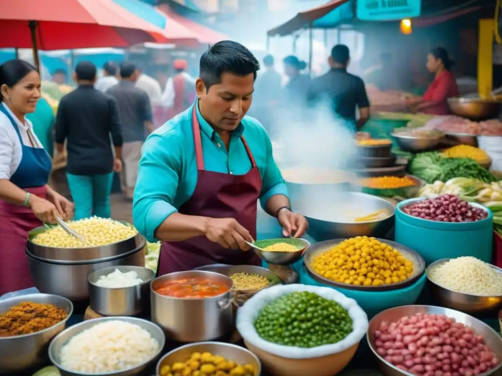 Vibrante mercado peruano con gastronomía diversa e inclusiva: ceviche, anticuchos y clientes de diferentes orígenes