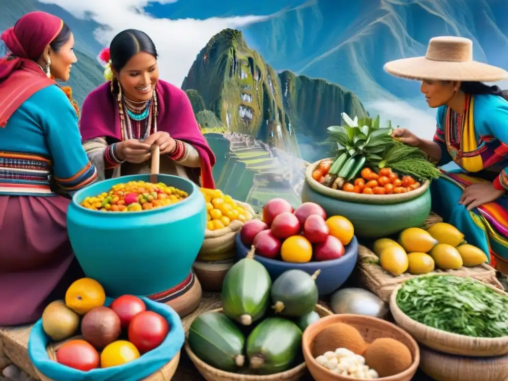 Vibrante mercado peruano con gastronomía y platos tradicionales, vendedores locales y coloridos ingredientes frescos