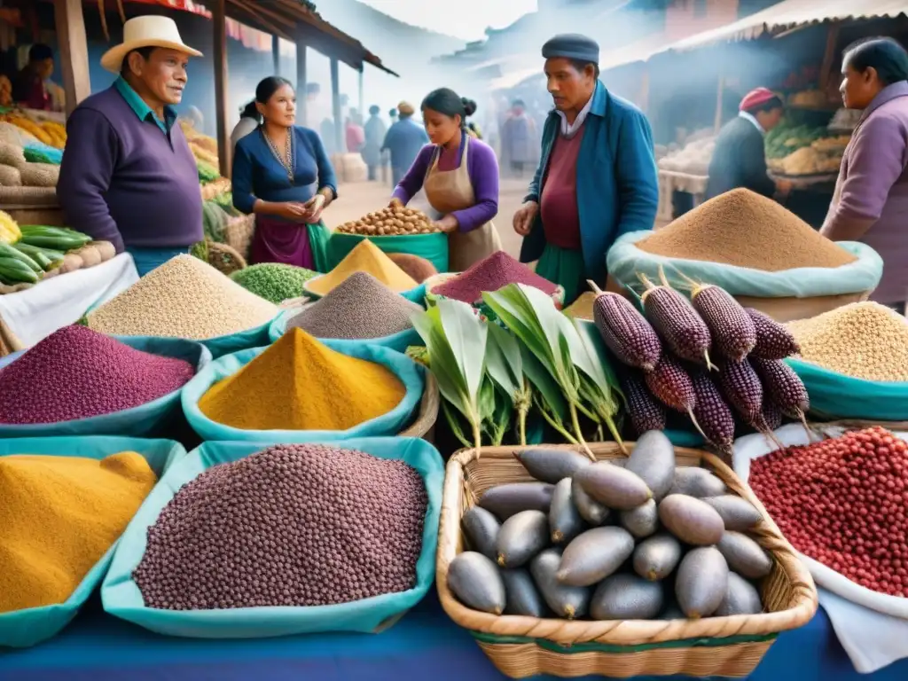 Un vibrante mercado peruano con Gastronomía peruana ingredientes autóctonos