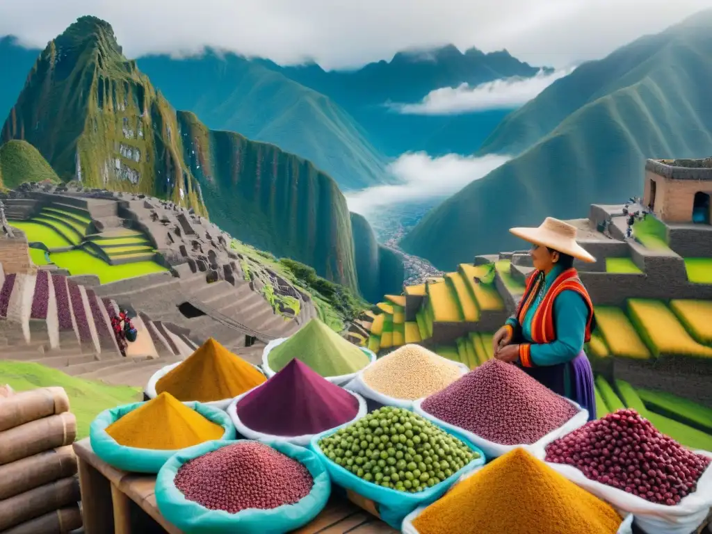 Vibrante mercado peruano con historia ingredientes autóctonos Perú, colores y tradición andina