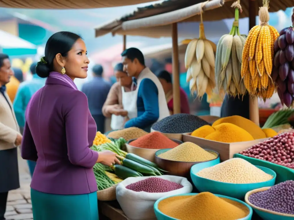 Mercado peruano: colores y sabores auténticos en la cocina Un vibrante mercado peruano exhibe la identidad culinaria peruana con ingredientes autóctonos en coloridas instalaciones artísticas