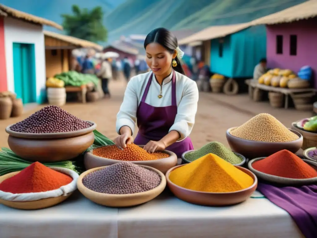 Vibrante mercado peruano con ingredientes locales y mujeres indígenas en trajes tradicionales, ideal para Equipamiento para cocina Novoandina