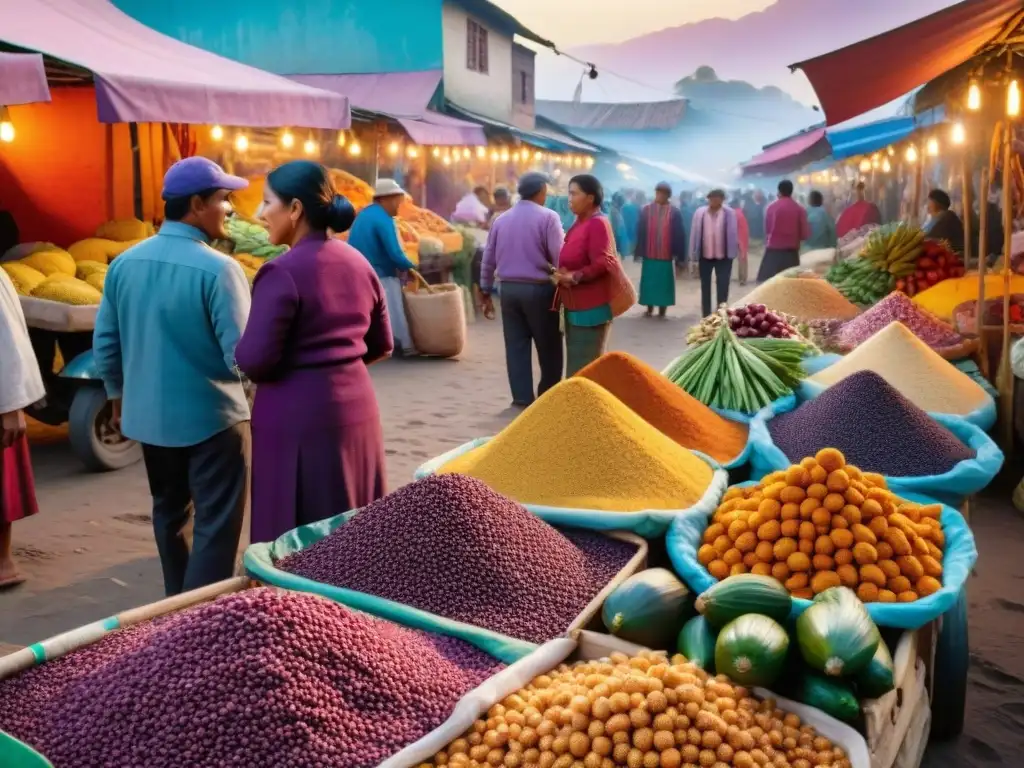 Vibrante mercado peruano con ingredientes autóctonos en la hora dorada