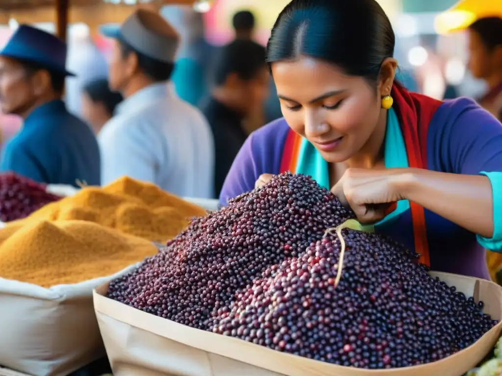 Un vibrante mercado peruano con ingredientes autóctonos y vendedores locales