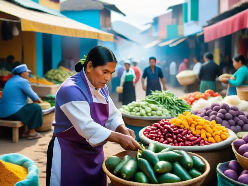 Vibrante mercado peruano: ingredientes frescos, chef preparando ceviche, turistas observando