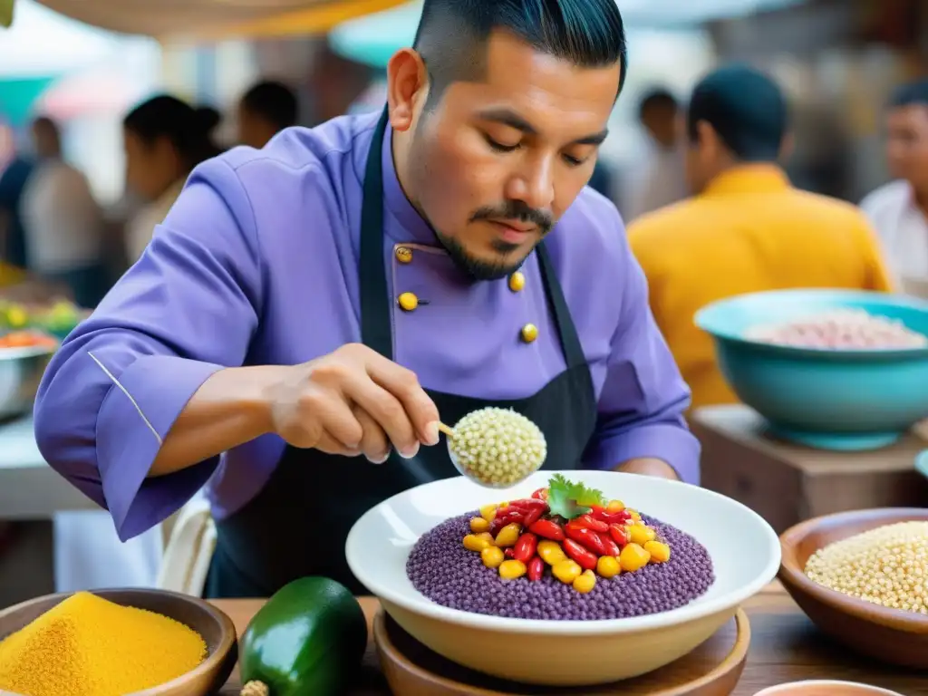 Vibrante mercado peruano con ingredientes coloridos y chef preparando ceviche