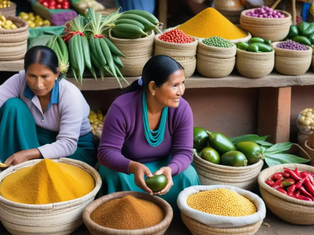 Un vibrante mercado peruano con ingredientes endémicos de la gastronomía peruana como lucuma, maíz morado y ají