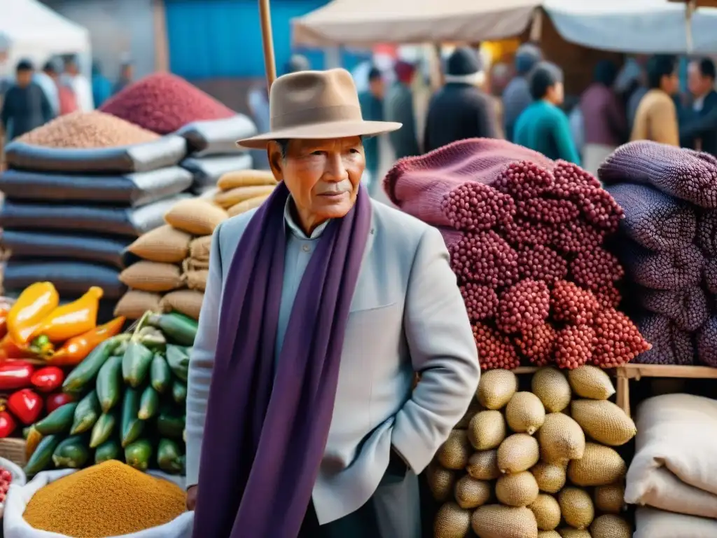 Vibrante mercado peruano con ingredientes autóctonos y música andina, destacando la importancia de la gastronomía peruana