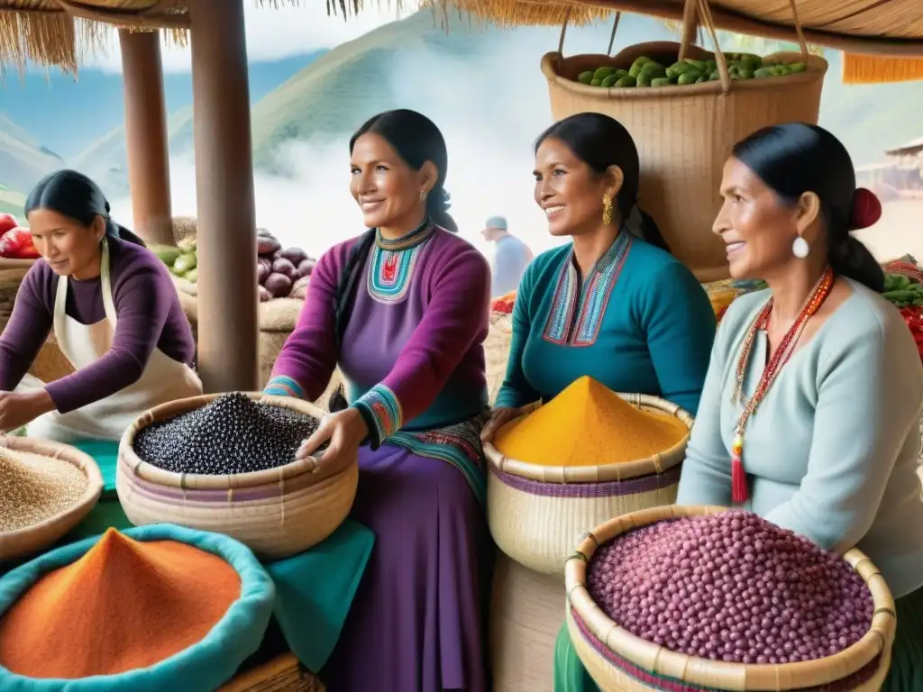 Vibrante mercado peruano con ingredientes autóctonos gastronomía peruana en escena colorida y tradicional