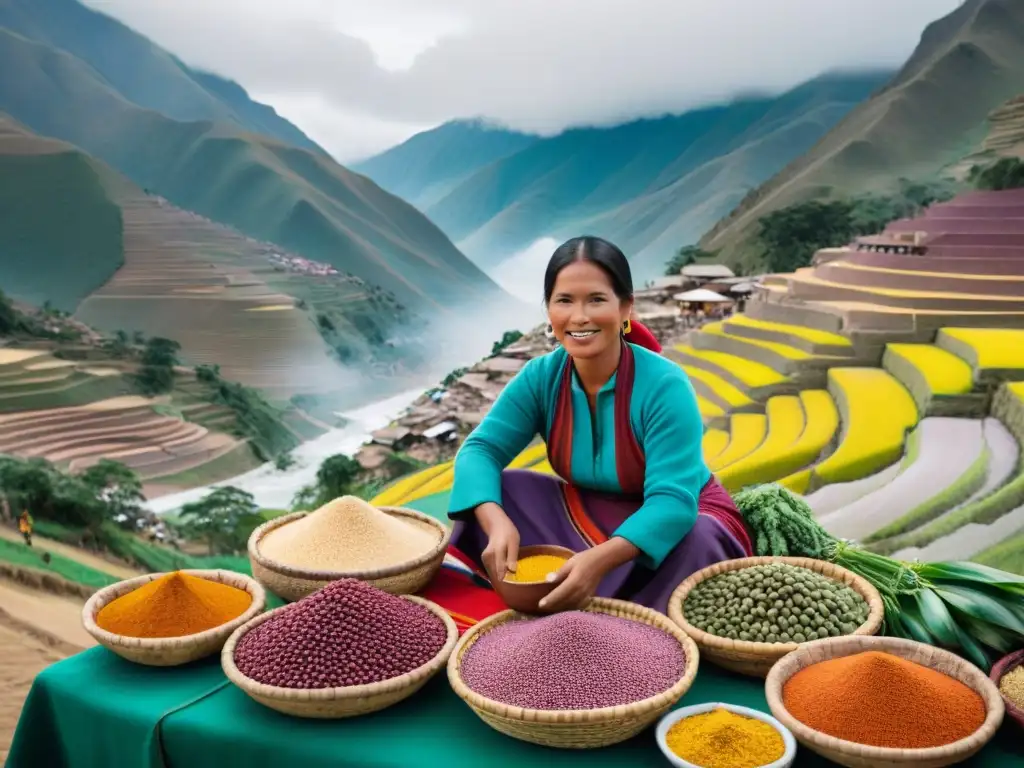 Vibrante mercado peruano con ingredientes autóctonos en cestas tejidas, agricultores locales y paisaje andino