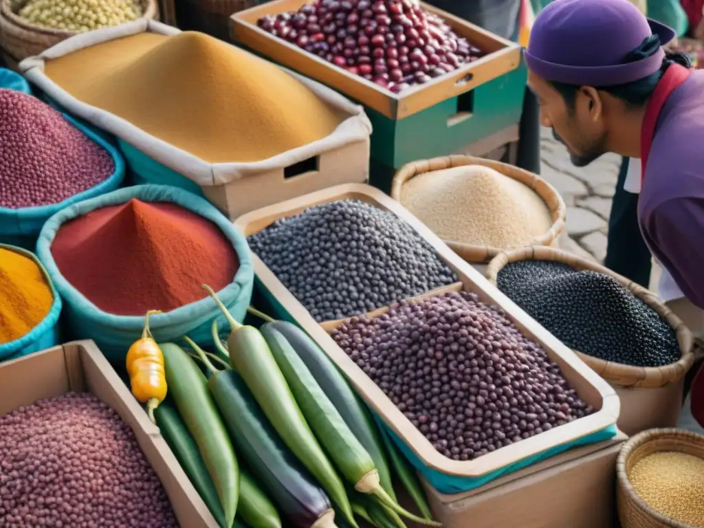 Un vibrante mercado peruano con ingredientes autóctonos y gente diversa