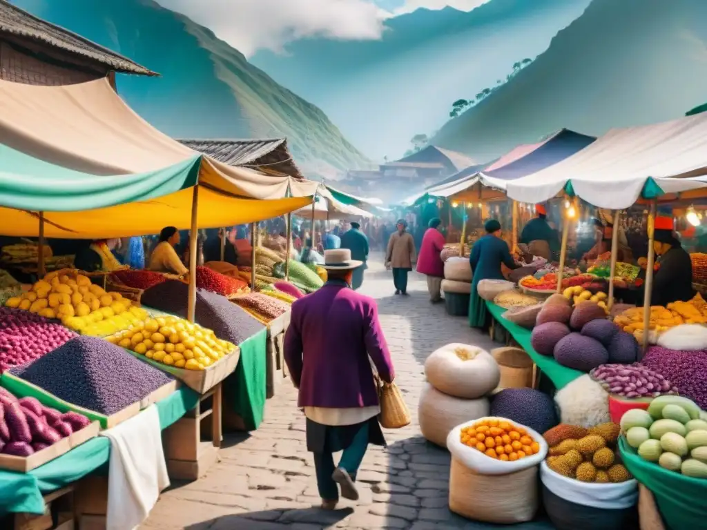 Vibrante mercado peruano con ingredientes autóctonos y vendedores en trajes tradicionales