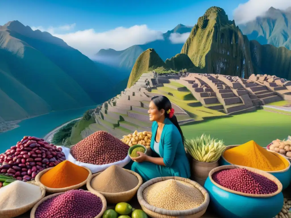 Vibrante mercado peruano con ingredientes autóctonos, montañas de los Andes y cielo azul