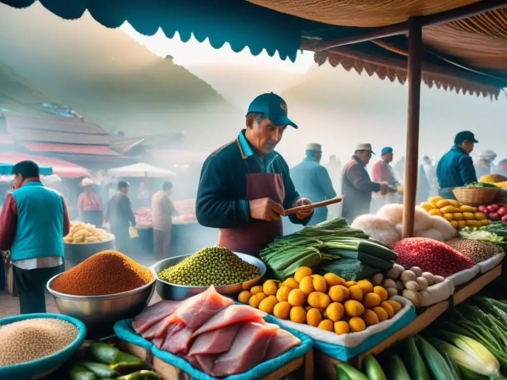 Vibrante mercado peruano con ingredientes autóctonos para preparar anticuchos