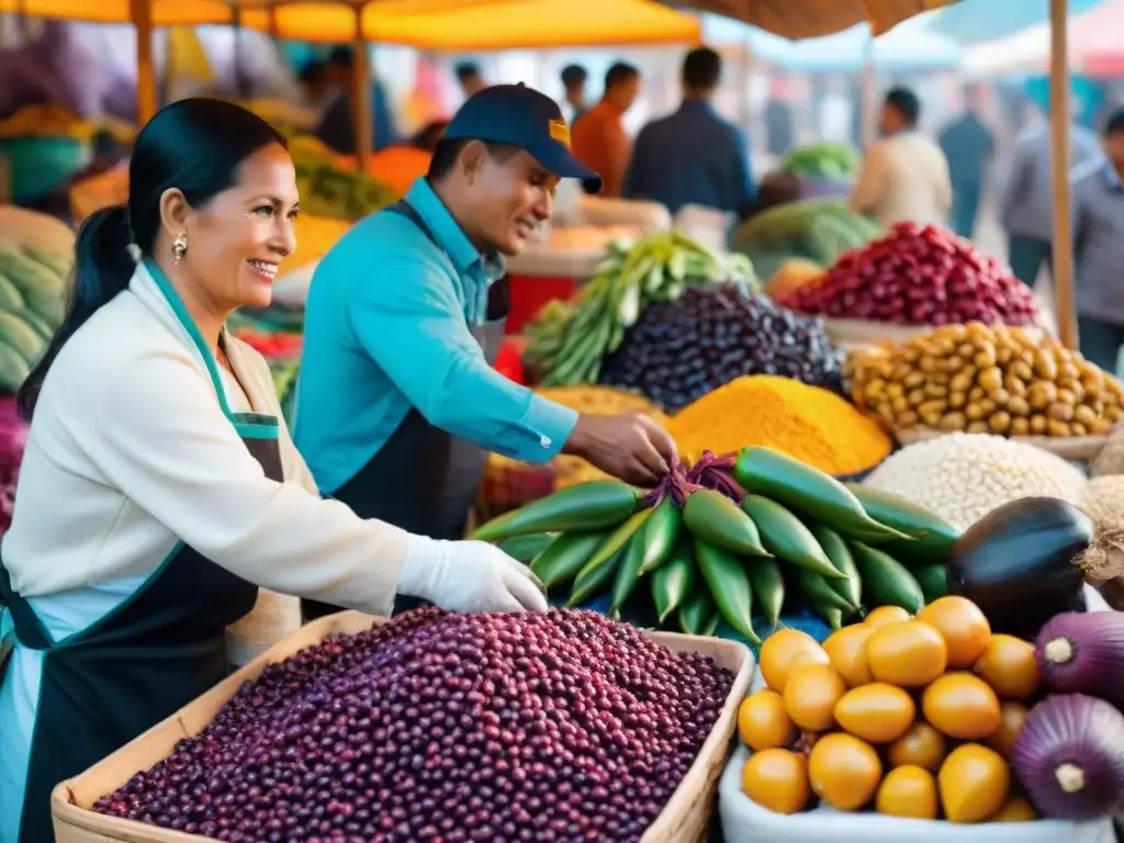 Vibrante mercado peruano con ingredientes autóctonos, chefs locales y vendedores intercambiando tips culinarios