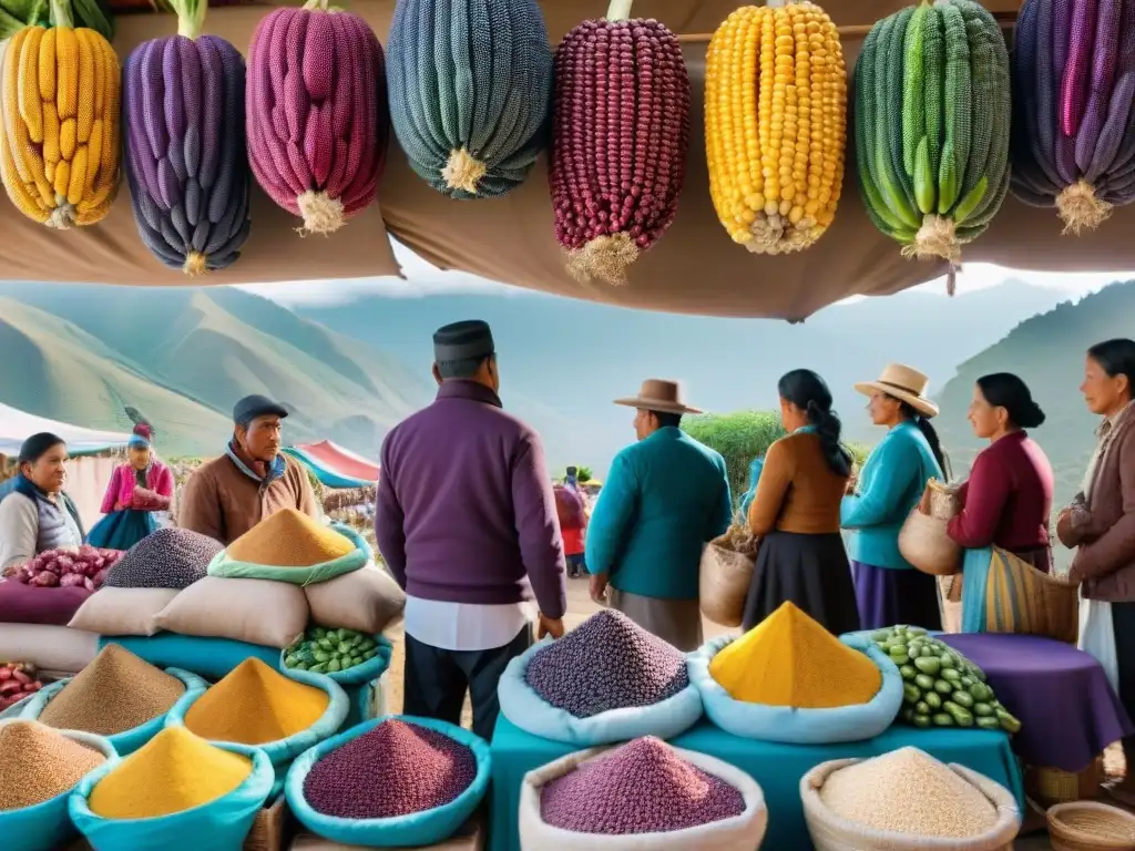 Vibrante mercado peruano con ingredientes autóctonos y la majestuosa cordillera de los Andes de fondo