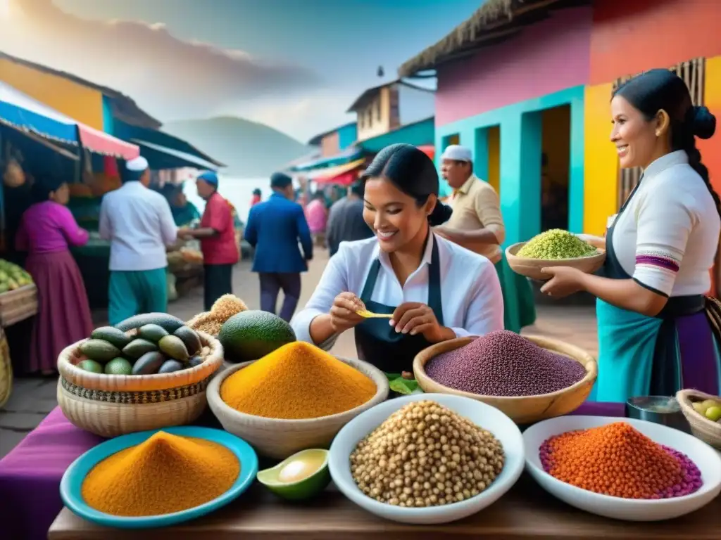 Vibrante mercado peruano con ingredientes tradicionales y vendedores locales, fusiones gastronómicas