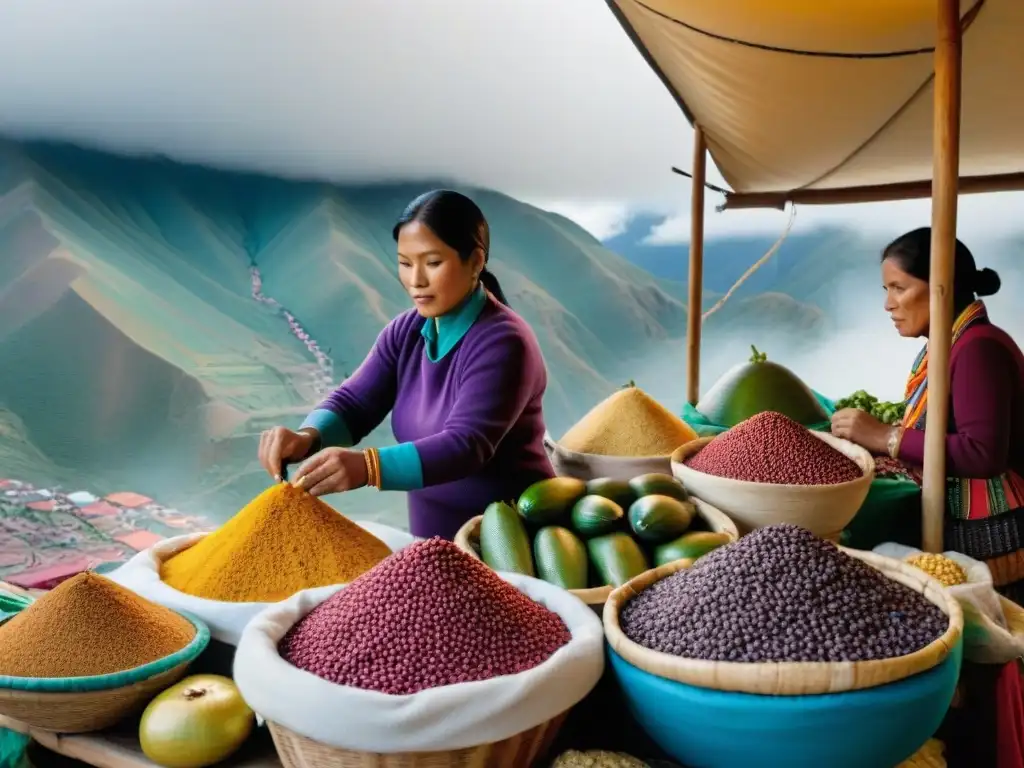 Vibrante mercado peruano con ingredientes autóctonos gastronomía peruana