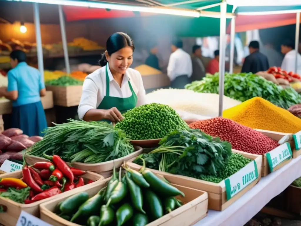 Vibrante mercado peruano con ingredientes frescos y vendedores locales, reflejando la esencia de la Gastronomía peruana Arroz con Pato