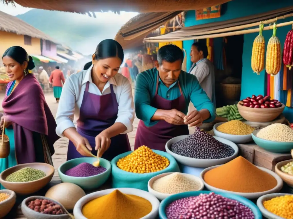 Vibrante mercado peruano con ingredientes nativos y textiles tradicionales, reflejando la influencia gastronomía peruana cocina global