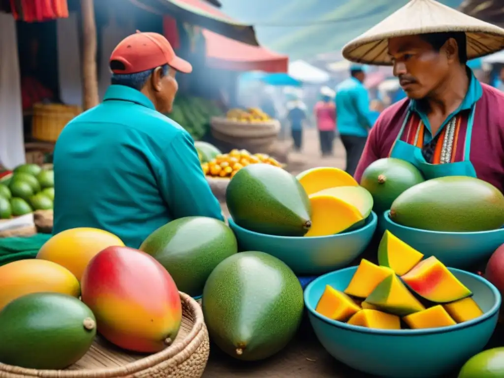 Vibrante mercado peruano con ingredientes frescos para Ceviche de Mango receta paso a paso