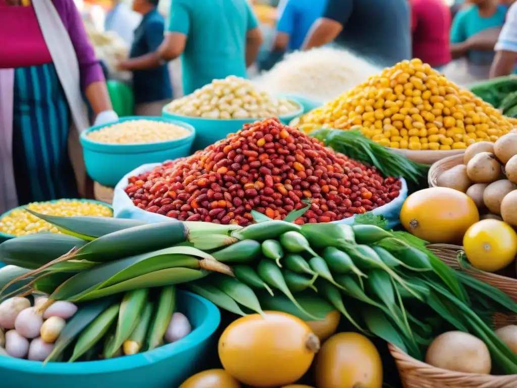 Vibrante mercado peruano con ingredientes frescos para Chupe de Camarones, lleno de vida y autenticidad en la gastronomía peruana