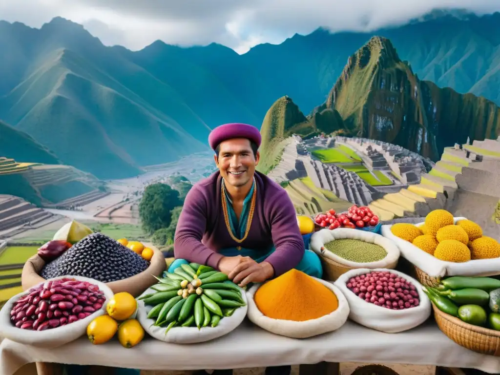 Vibrante mercado peruano con ingredientes únicos y vista de los Andes