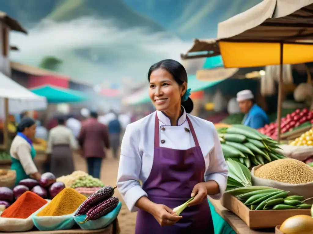 Vibrante mercado peruano con ingredientes autóctonos