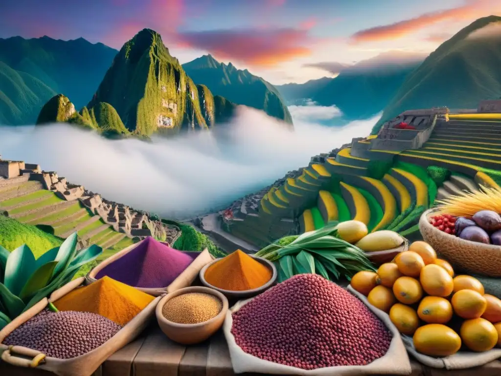 Un vibrante mercado peruano con ingredientes autóctonos y colorida gastronomía