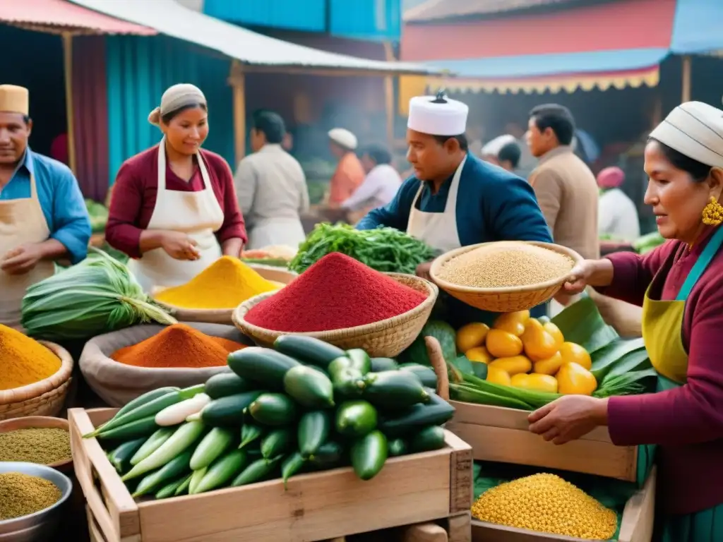 Un vibrante mercado peruano con ingredientes frescos y chefs preparando platos tradicionales